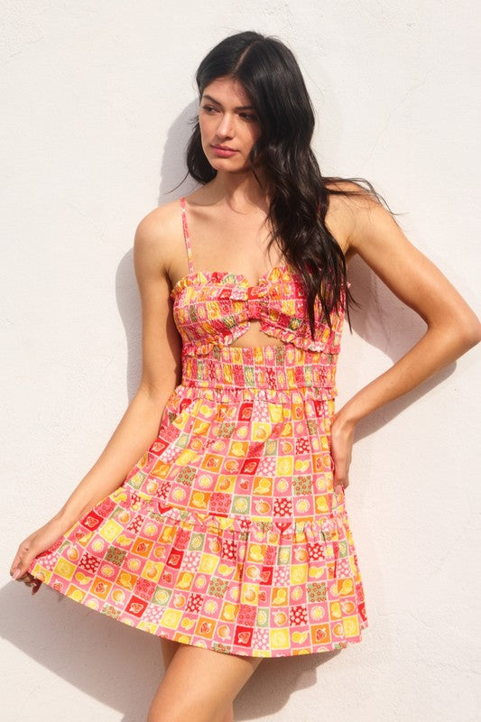Kara Smocked Fruit Print Ruffle Trim Detail Mini Dress - Fruit/Multi