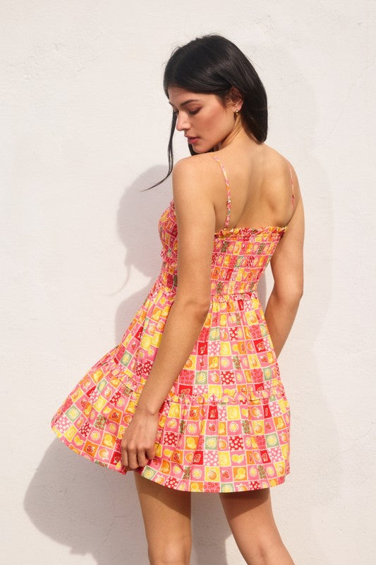 Kara Smocked Fruit Print Ruffle Trim Detail Mini Dress - Fruit/Multi