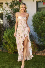 Daniela Floral Satin Jacquard Ruffle Maxi Dress - Blush Floral