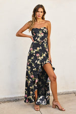 Daniela Floral Satin Jacquard Ruffle Maxi Dress - Black Floral