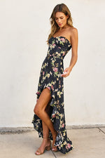 Daniela Floral Satin Jacquard Ruffle Maxi Dress - Black Floral
