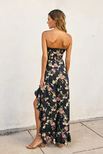 Daniela Floral Satin Jacquard Ruffle Maxi Dress - Black Floral