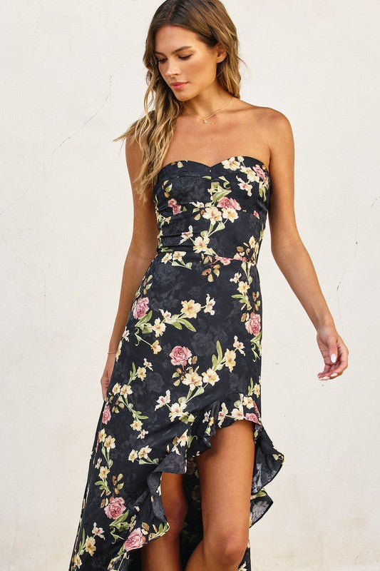 Daniela Floral Satin Jacquard Ruffle Maxi Dress - Black Floral