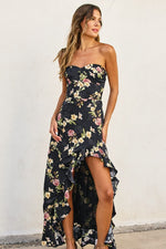 Daniela Floral Satin Jacquard Ruffle Maxi Dress - Black Floral