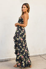 Daniela Floral Satin Jacquard Ruffle Maxi Dress - Black Floral