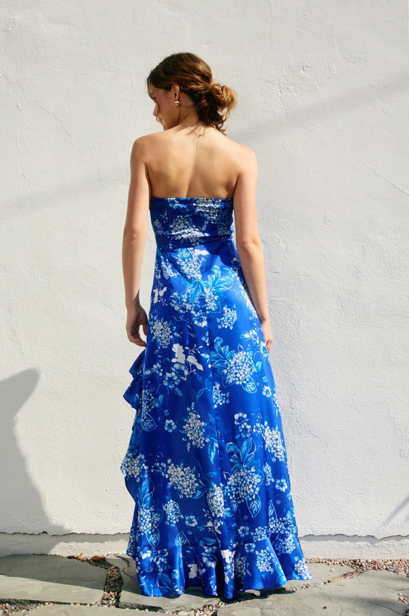 Daniela Floral Satin Ruffle Maxi Dress - Blue
