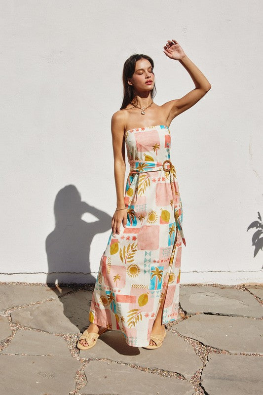 Laurel Amalfi Print Strapless Belted Maxi Dress