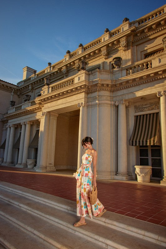 Laurel Amalfi Print Strapless Belted Maxi Dress
