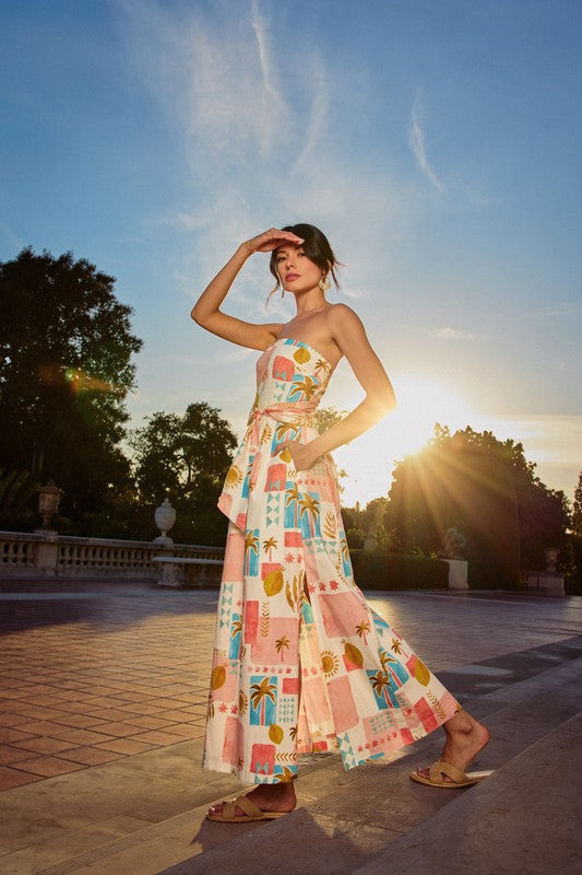 Laurel Amalfi Print Strapless Belted Maxi Dress