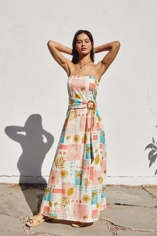 Laurel Amalfi Print Strapless Belted Maxi Dress