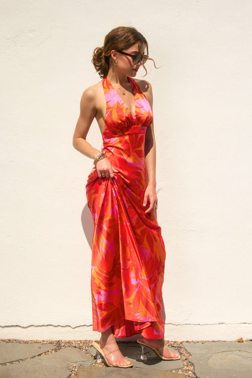 Ashley Satin Halter Floral Maxi Dress