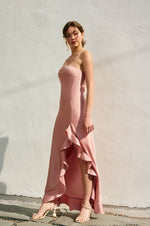 Zola Satin Strapless Cascading Hem Maxi Dress - Blush