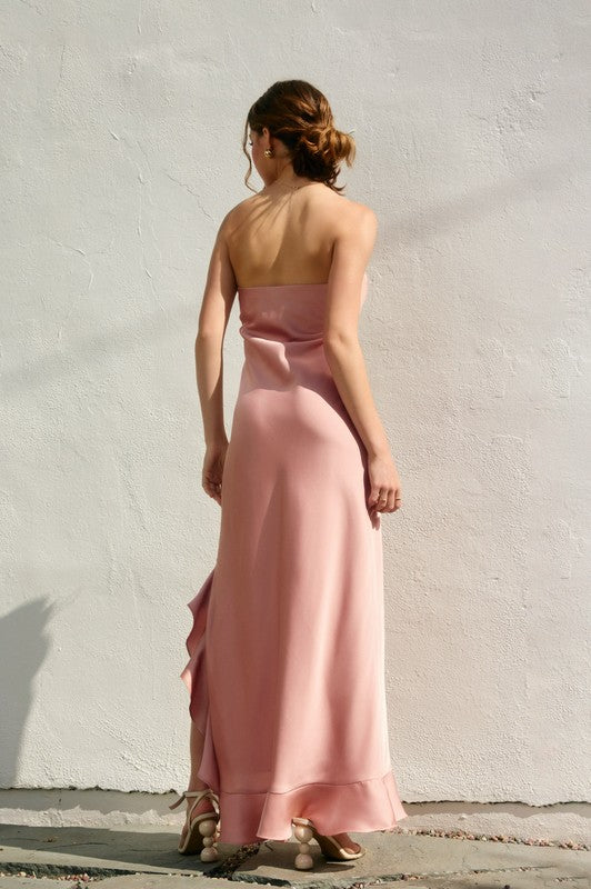 Zola Satin Strapless Cascading Hem Maxi Dress - Blush