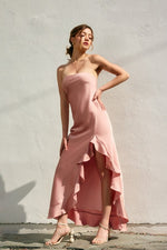 Zola Satin Strapless Cascading Hem Maxi Dress - Blush