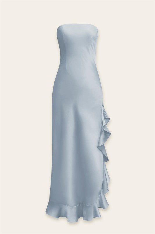 Zola Satin Strapless Cascading Hem Maxi Dress Zola Satin Strapless Cascading Hem Maxi Dress