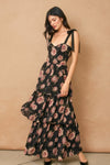 Enola Floral Bustier Shoulder Tie Ruffled Maxi Dress - Black Floral