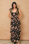 Enola Floral Bustier Shoulder Tie Ruffled Maxi Dress - Black Floral