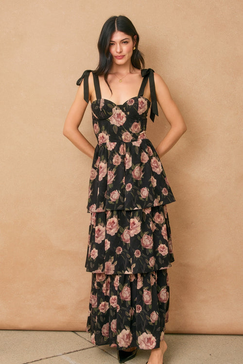 Enola Floral Bustier Shoulder Tie Ruffled Maxi Dress - Black Floral