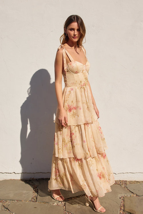 Enola Floral Bustier Shoulder Tie Ruffled Maxi Dress - Rose