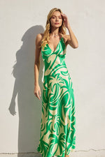 Carina Tropical Satin Open Back Maxi Dress