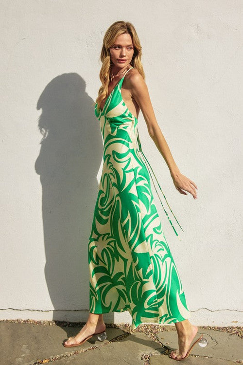 Carina Tropical Satin Open Back Maxi Dress