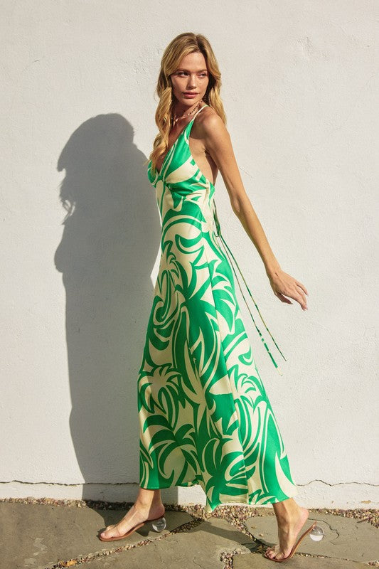 Carina Tropical Satin Open Back Maxi Dress