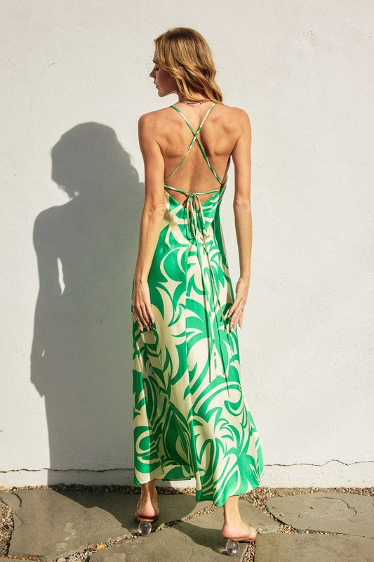 Carina Tropical Satin Open Back Maxi Dress