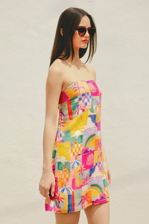 Adelia Beach Print Linen Strapless Mini Dress - Pink Beach