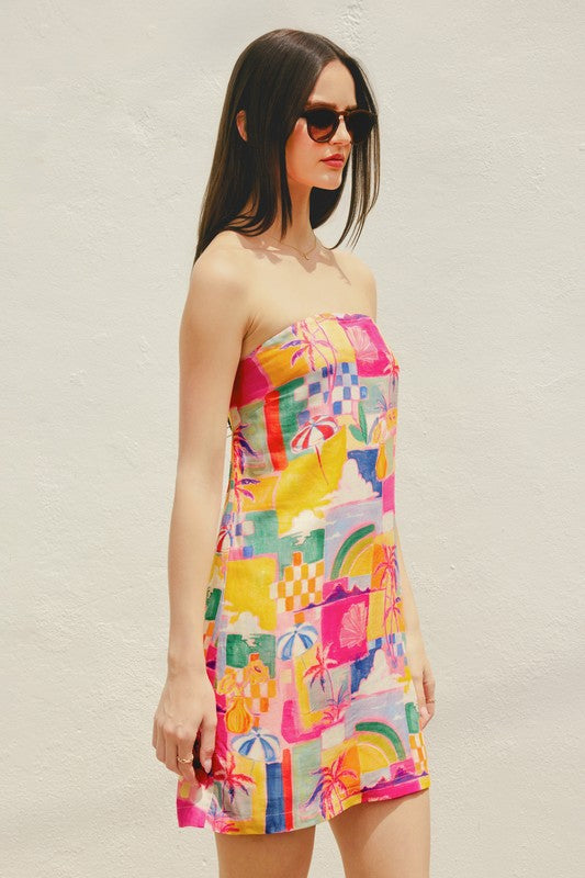 Adelia Beach Print Linen Strapless Mini Dress - Pink Beach
