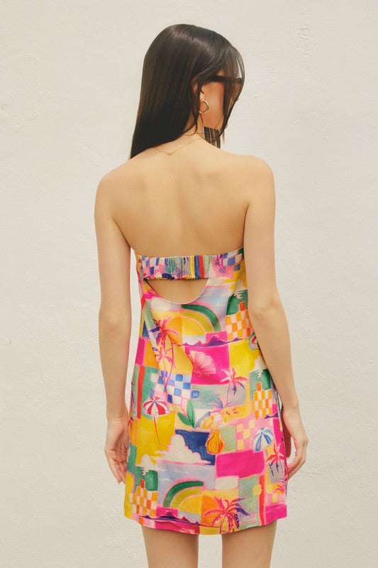 Adelia Beach Print Linen Strapless Mini Dress - Pink Beach