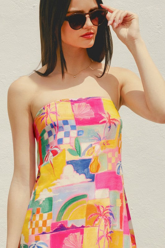 Adelia Beach Print Linen Strapless Mini Dress - Pink Beach