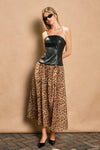 Theodora Strapless Faux Leather Contrast Animal Print Midi Dress