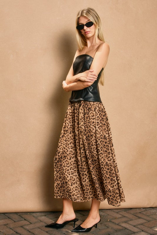Theodora Strapless Faux Leather Contrast Animal Print Midi Dress