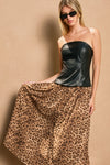 Theodora Strapless Faux Leather Contrast Animal Print Midi Dress