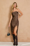 Elisa Strapless Satin Lace Side Slit Midi Dress - Brown