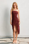 Elisa Strapless Satin Lace Side Slit Midi Dress - Wine
