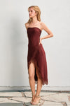 Elisa Strapless Satin Lace Side Slit Midi Dress - Wine