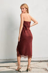 Elisa Strapless Satin Lace Side Slit Midi Dress - Wine