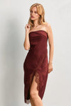 Elisa Strapless Satin Lace Side Slit Midi Dress - Wine