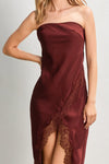 Elisa Strapless Satin Lace Side Slit Midi Dress - Wine