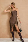 Elisa Strapless Satin Lace Side Slit Midi Dress - Brown