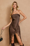 Elisa Strapless Satin Lace Side Slit Midi Dress - Brown
