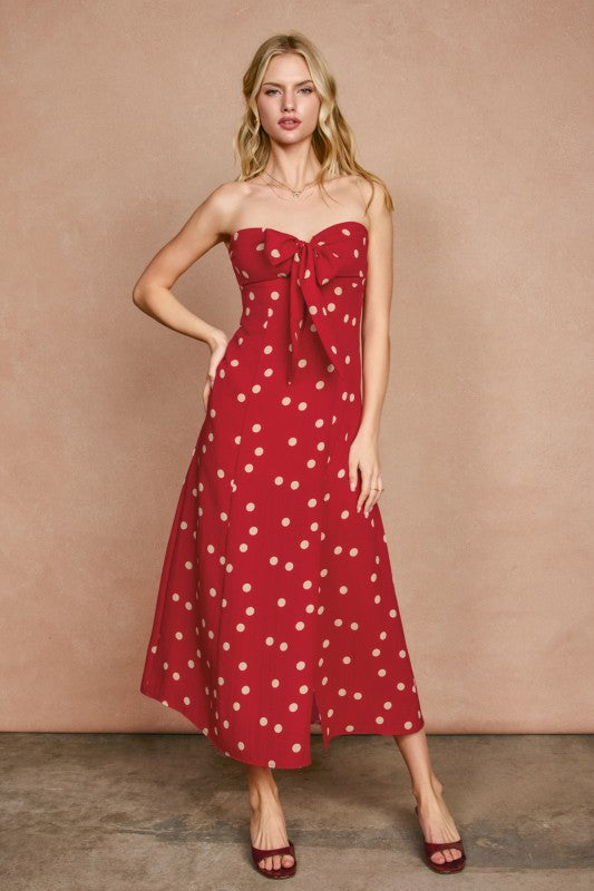 red and white polka dot maxi dress Apryl Polka Dot Strapless Tie Front Maxi Dress