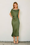 Edith One Shoulder Satin Gold Detail Midi Dress - Green
