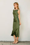 Edith One Shoulder Satin Gold Detail Midi Dress - Green