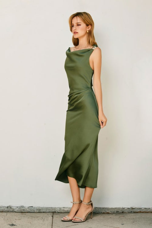 Edith One Shoulder Satin Gold Detail Midi Dress - Green