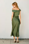 Edith One Shoulder Satin Gold Detail Midi Dress - Green