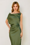 Edith One Shoulder Satin Gold Detail Midi Dress - Green