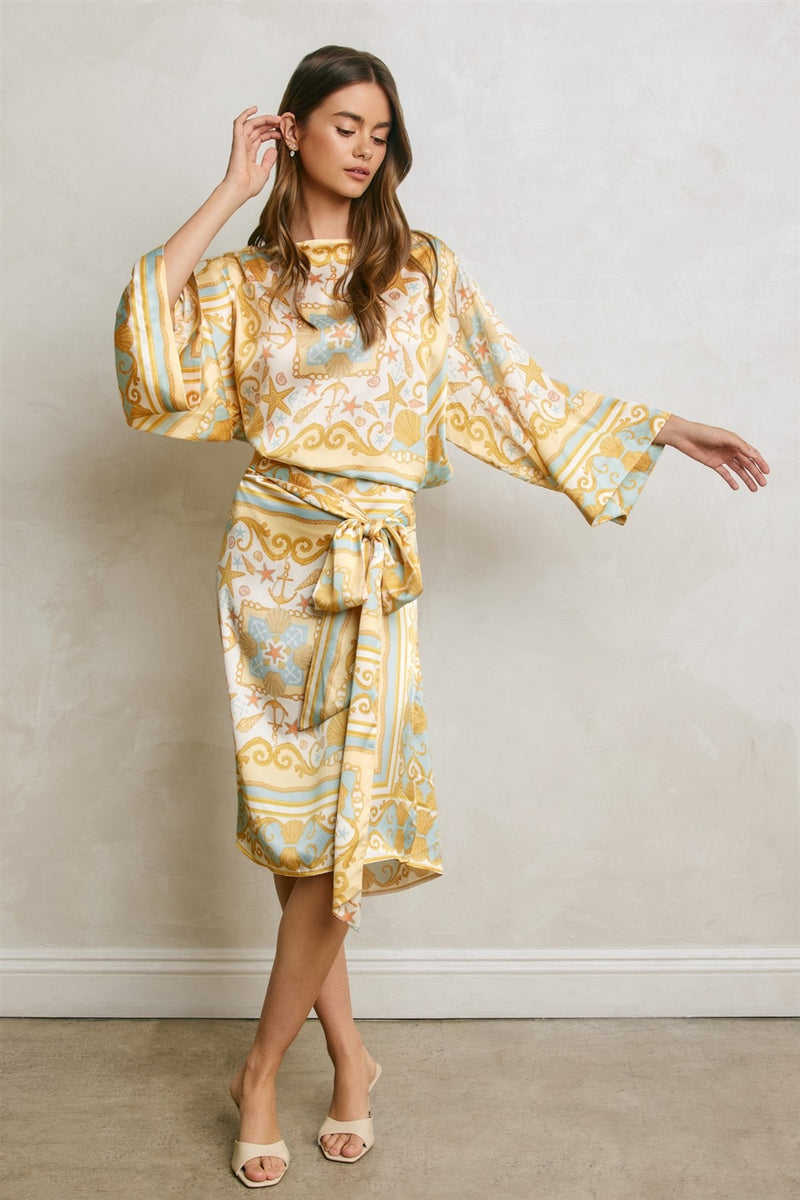 Aime Satin Kimono Sleeve Wrap Tie Front Midi Dress