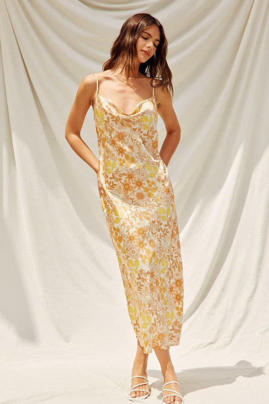 Satin Dress Gold Cowl Neck Slip Dress Bridesmaid Satin Cowl Neck